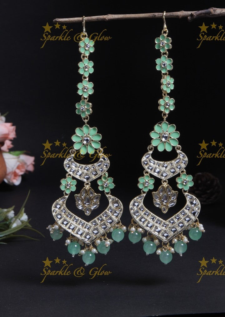 Beautiful floral chandbali with ear chain- Mint Green
