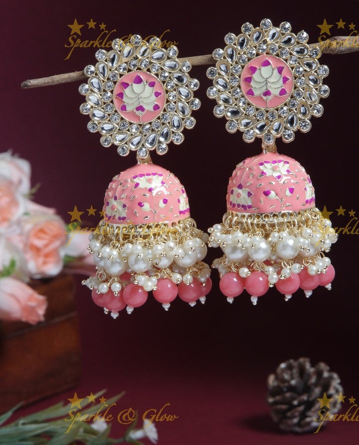 Grand lotus studded Meenakari gutta pusalu jhumukas- Mint Green