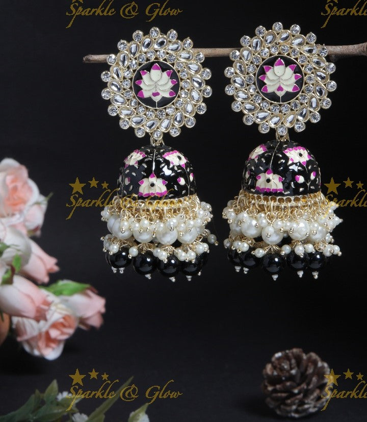 Grand lotus studded Meenakari gutta pusalu jhumukas- Mint Green