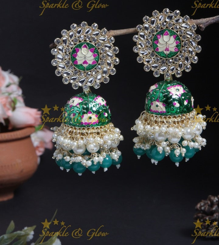 Grand lotus studded Meenakari gutta pusalu jhumukas- Mint Green