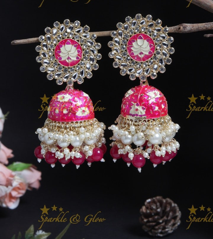 Grand lotus studded Meenakari gutta pusalu jhumukas- Mint Green