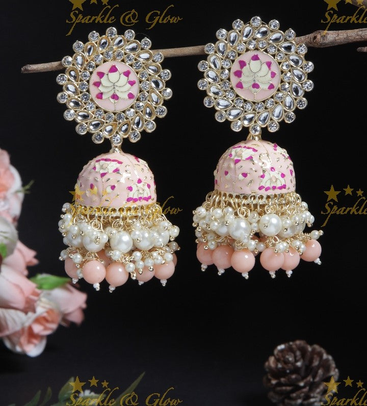 Grand lotus studded Meenakari gutta pusalu jhumukas- Mint Green