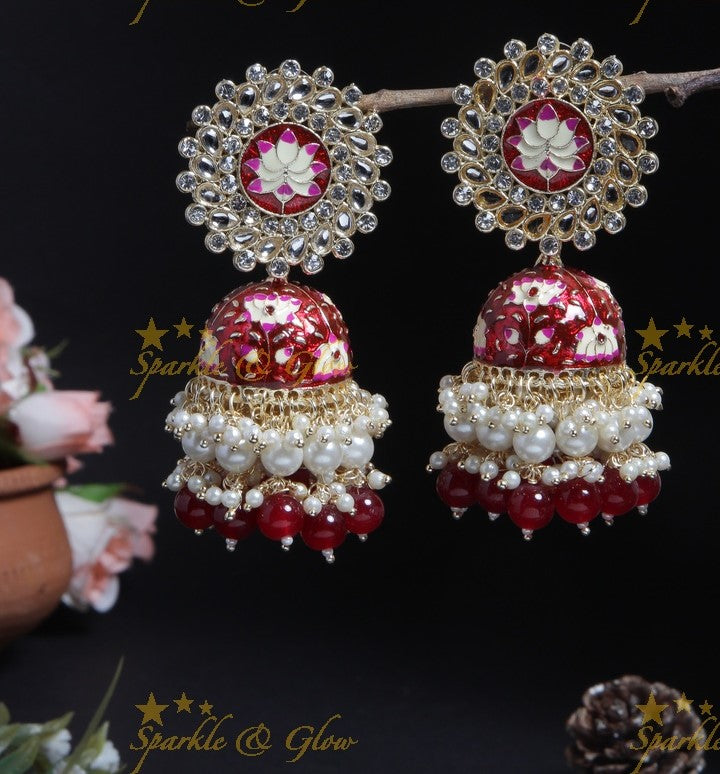 Grand lotus studded Meenakari gutta pusalu jhumukas- Mint Green