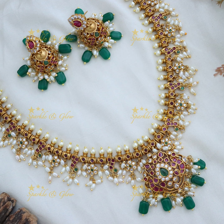 Exquisite Gold-Plated Necklace Set with Green Beads