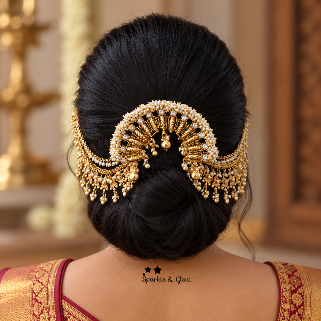 Elegant Gold & Pearl Bridal Jada Hair Chain | Sparkle