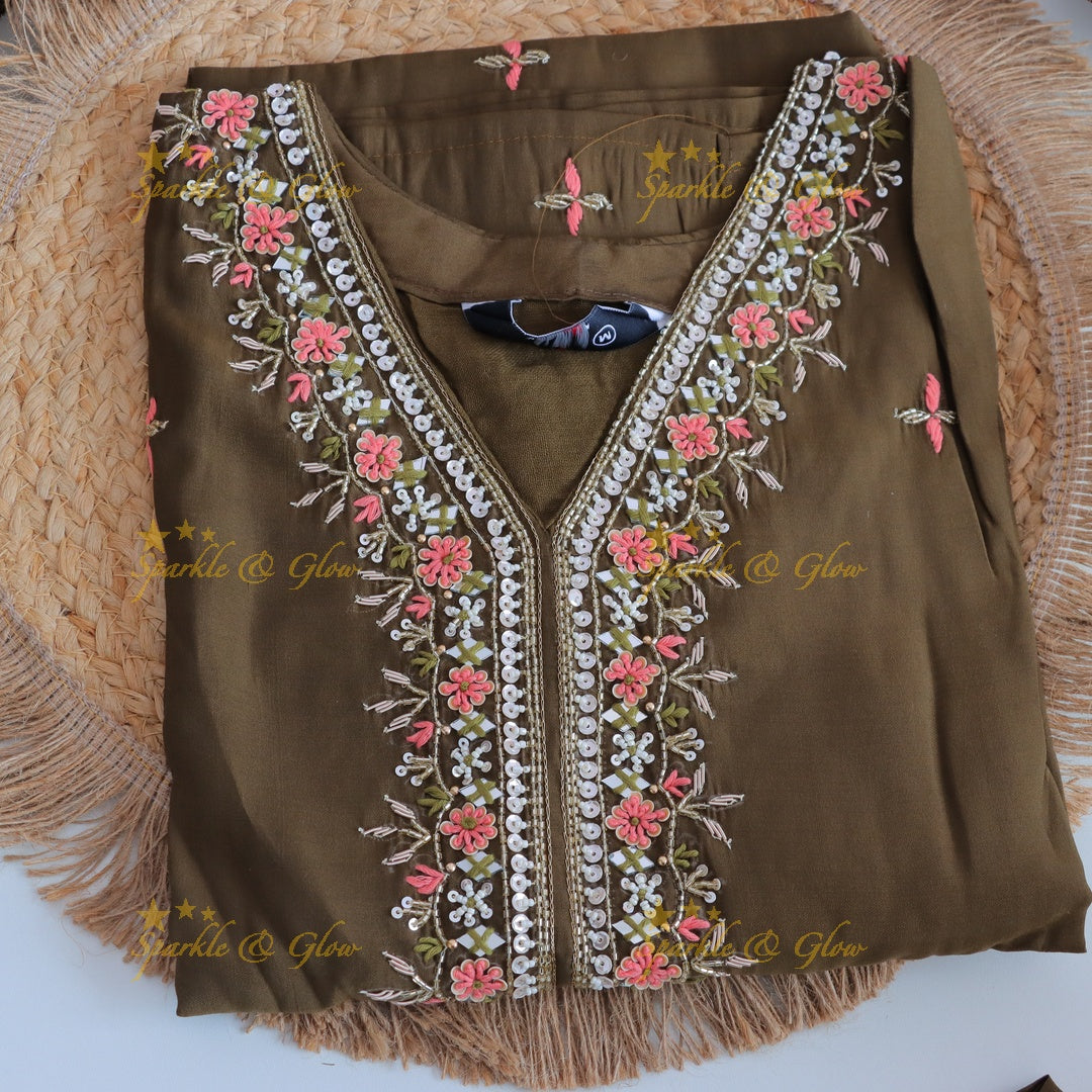 Gorgeous Roman Silk Kurti pant with Banarasi jacquard Dupatta set- Olive Green