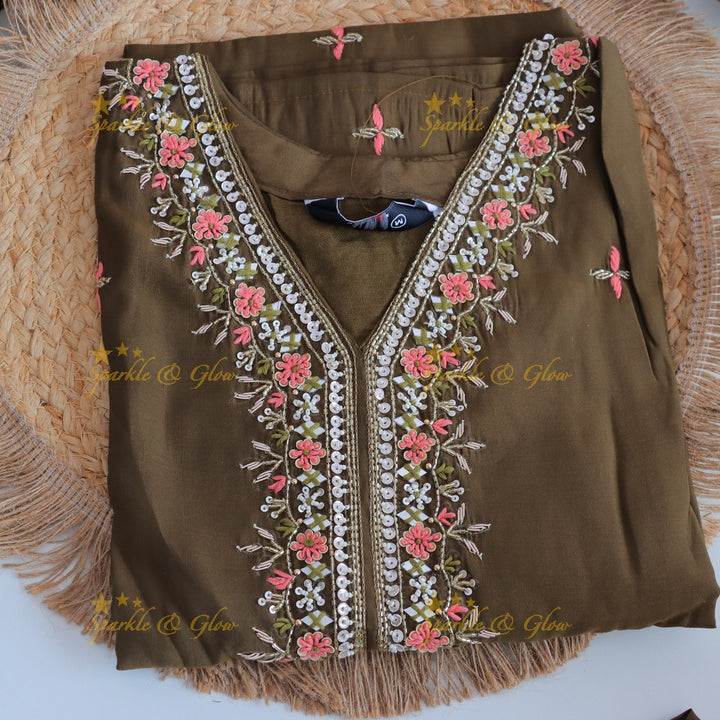 Gorgeous Roman Silk Kurti pant with Banarasi jacquard Dupatta set- Olive Green