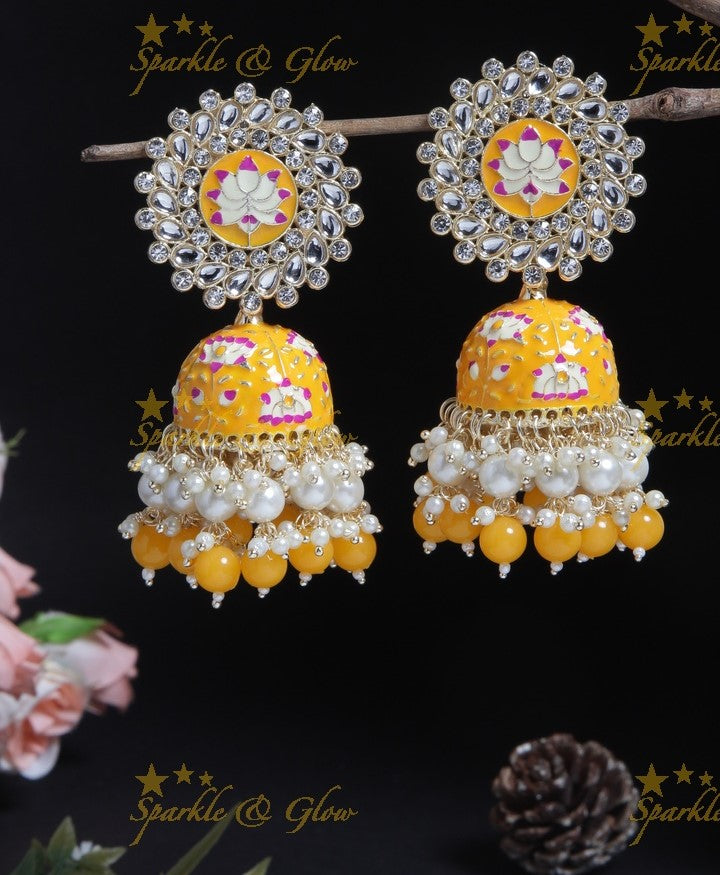 Grand lotus studded Meenakari gutta pusalu jhumukas- Mint Green