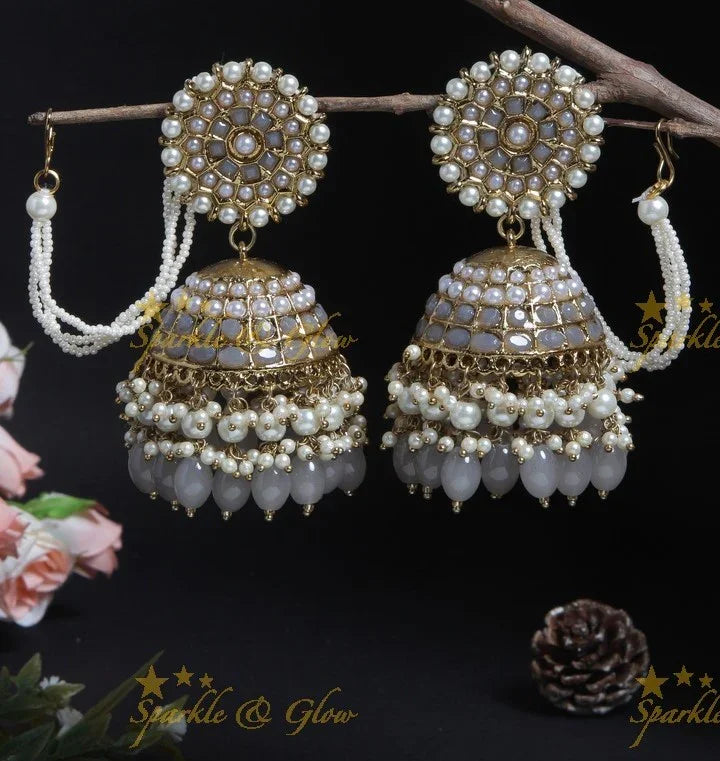 Floral Pearl Gutta Pusalu Jhumka with Mattal - Violet