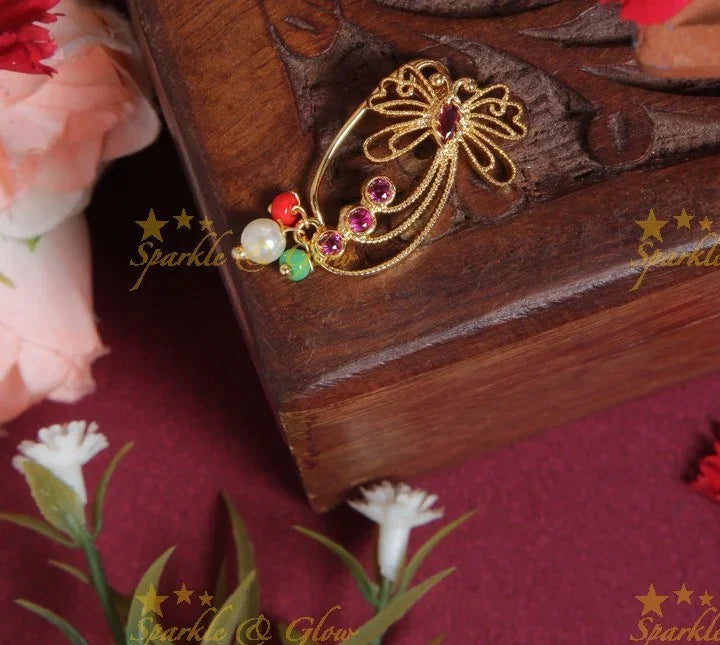 Elegant gold polished Butterfly design non piercing nose pin with multi color Beads- Pink - Sparkle and Glow