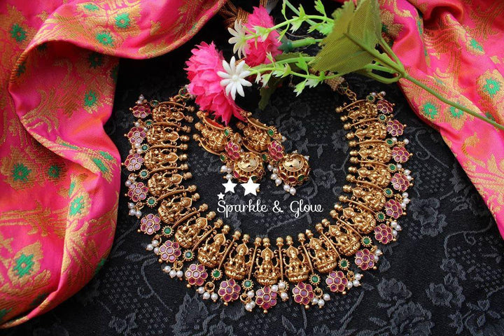 Gold alike Lakshmi short necklace crafted with pink semi precious stones - Pink - Sparkle and Glow