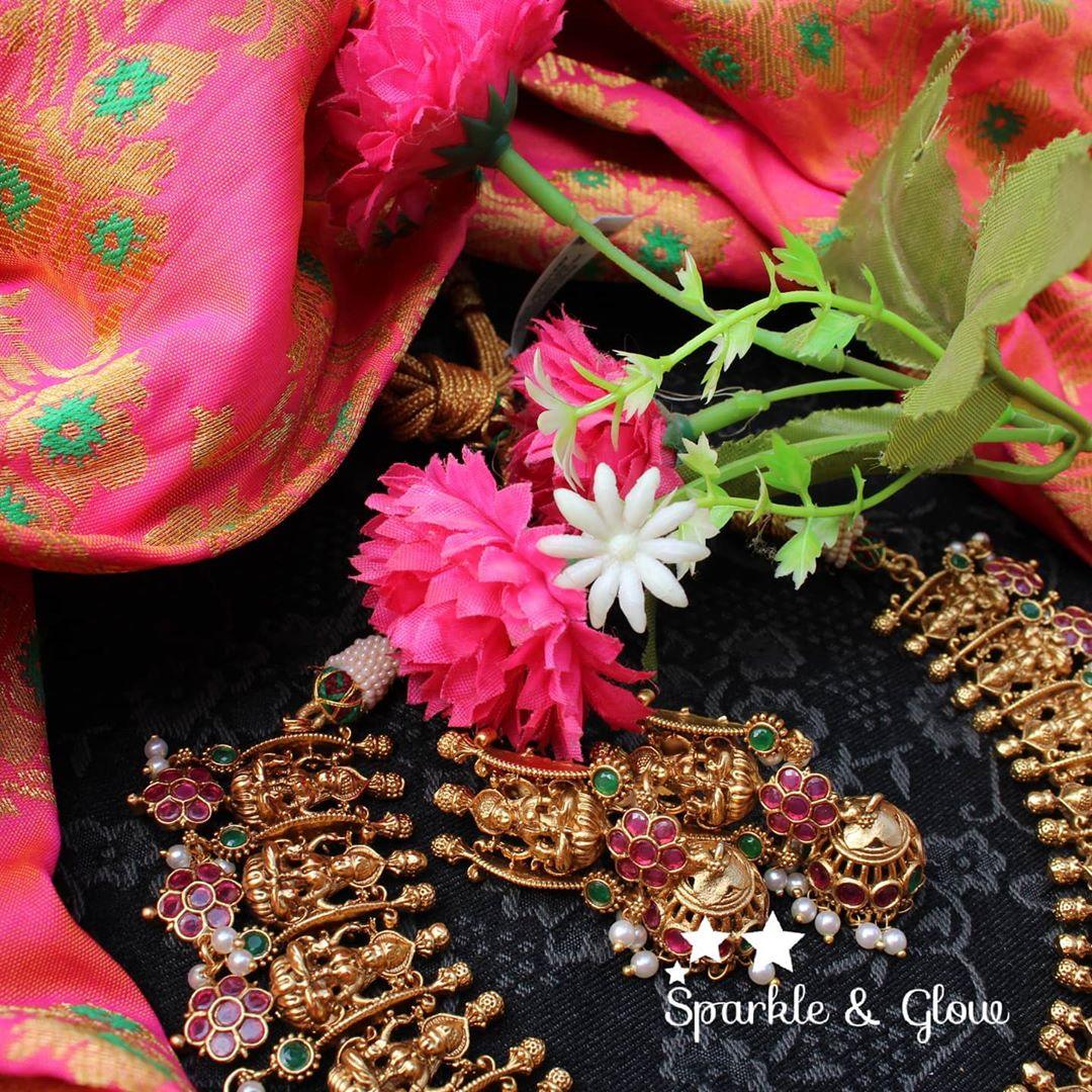 Gold alike Lakshmi short necklace crafted with pink semi precious stones - Pink - Sparkle and Glow