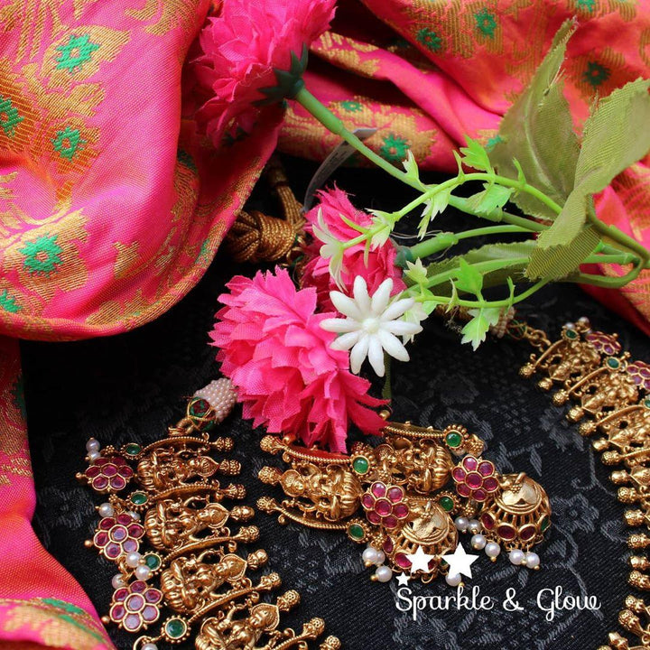 Gold alike Lakshmi short necklace crafted with pink semi precious stones - Pink - Sparkle and Glow