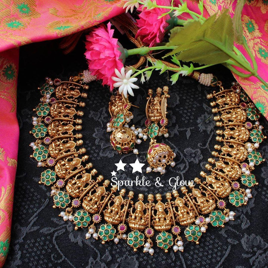 Gold alike Lakshmi short necklace crafted with pink semi precious stones - Pink - Sparkle and Glow