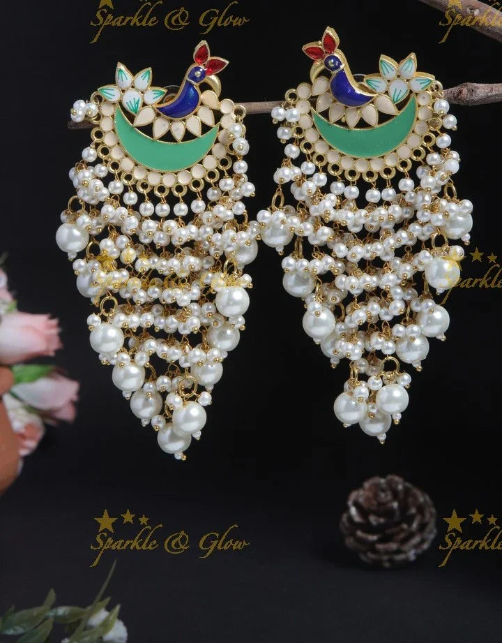 Meenakari peacock stud pearl cluster tassel style dangle earrings- Mint green off white - Sparkle and Glow