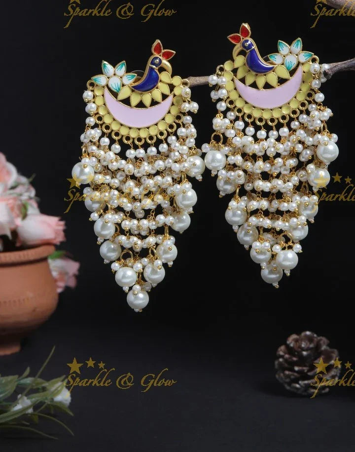 Meenakari peacock stud pearl cluster tassel style dangle earrings- Mint green off white - Sparkle and Glow