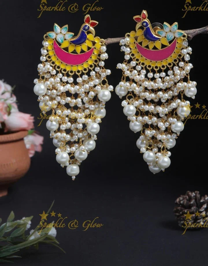 Meenakari peacock stud pearl cluster tassel style dangle earrings- Mint green off white - Sparkle and Glow