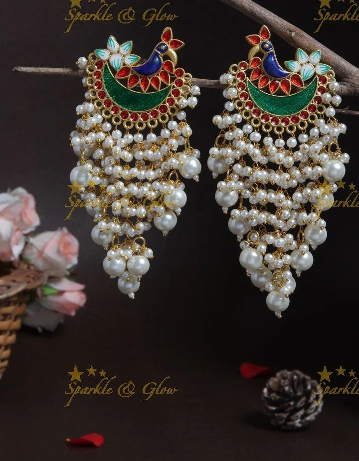 Meenakari peacock stud pearl cluster tassel style dangle earrings- Mint green off white - Sparkle and Glow