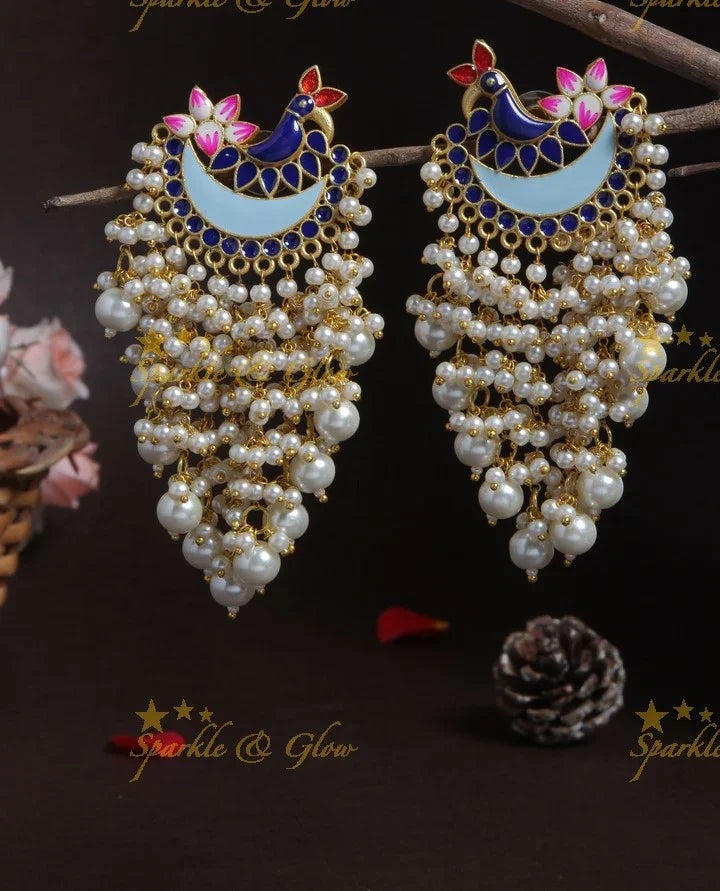 Meenakari peacock stud pearl cluster tassel style dangle earrings- Mint green off white - Sparkle and Glow