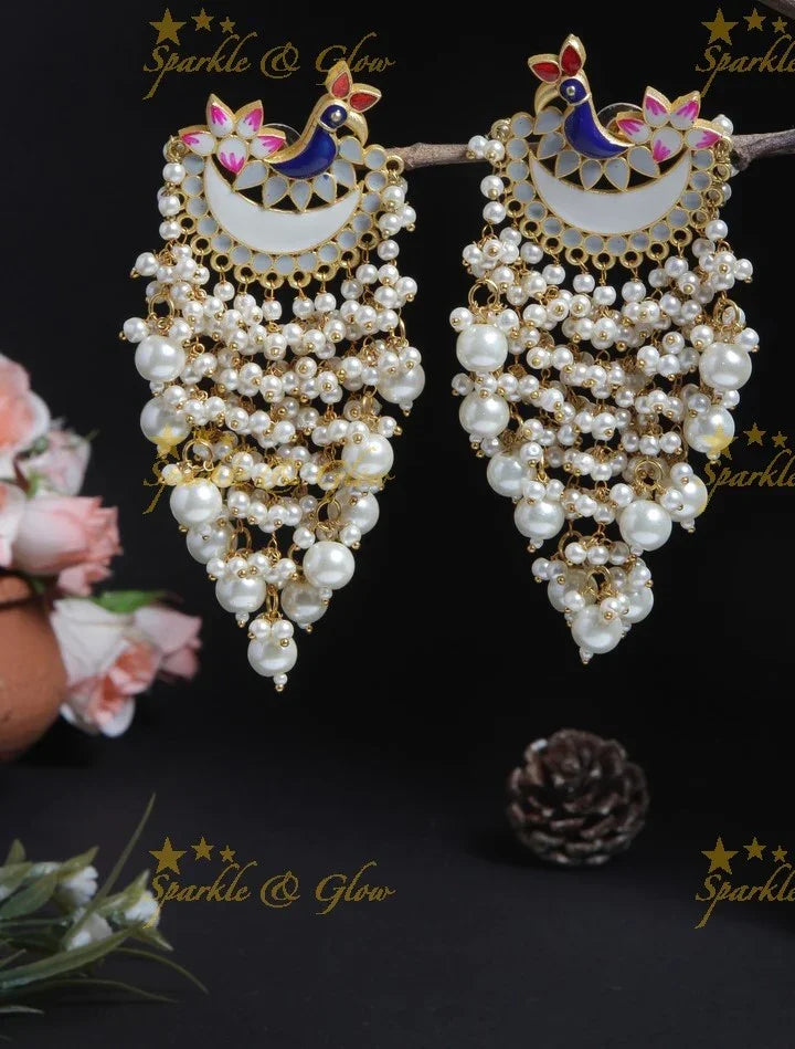 Meenakari peacock stud pearl cluster tassel style dangle earrings- Mint green off white - Sparkle and Glow