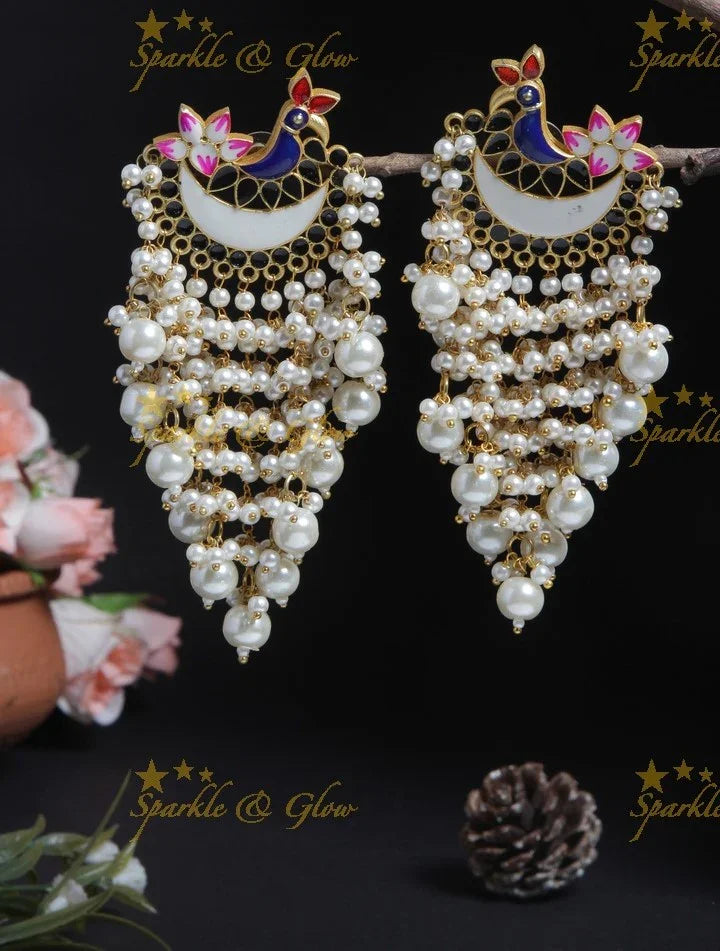 Meenakari peacock stud pearl cluster tassel style dangle earrings- Mint green off white - Sparkle and Glow