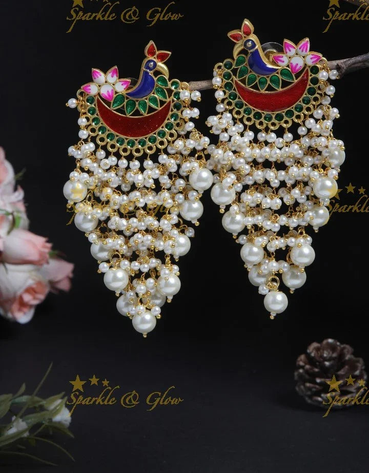 Meenakari peacock stud pearl cluster tassel style dangle earrings- Mint green off white - Sparkle and Glow