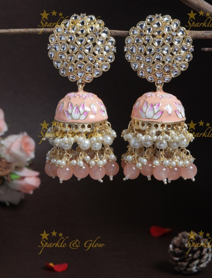 Graceful Meenakari gutta pusalu jhumuka with grand floral stud- Peach