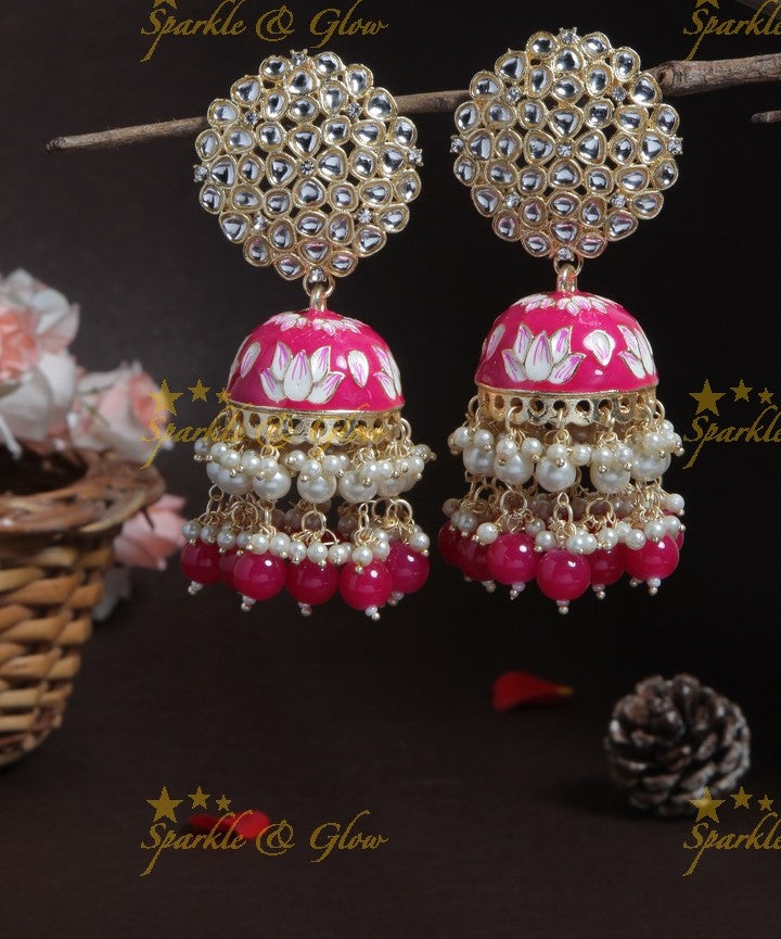 Graceful Meenakari gutta pusalu jhumuka with grand floral stud- Peach