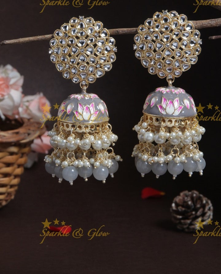 Graceful Meenakari gutta pusalu jhumuka with grand floral stud- Peach