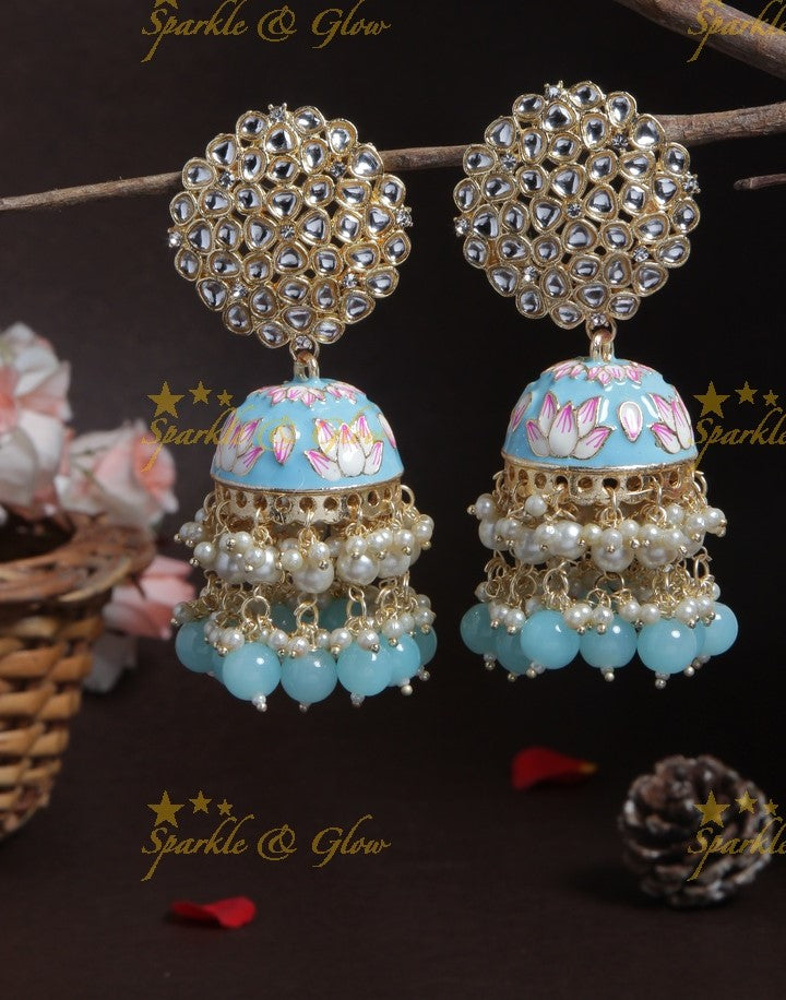 Graceful Meenakari gutta pusalu jhumuka with grand floral stud- Peach