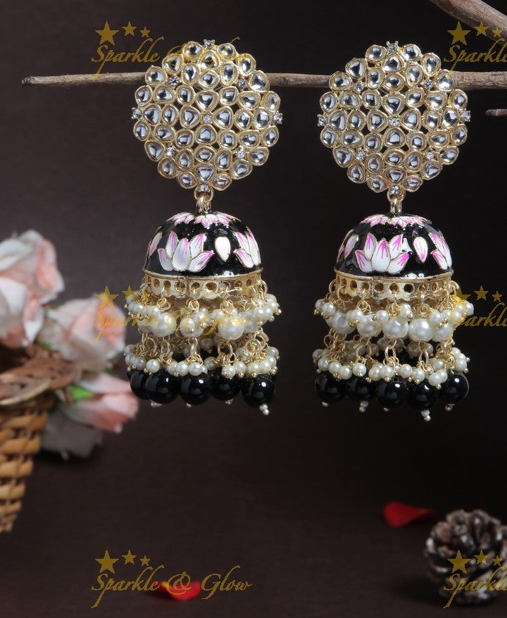 Graceful Meenakari gutta pusalu jhumuka with grand floral stud- Peach