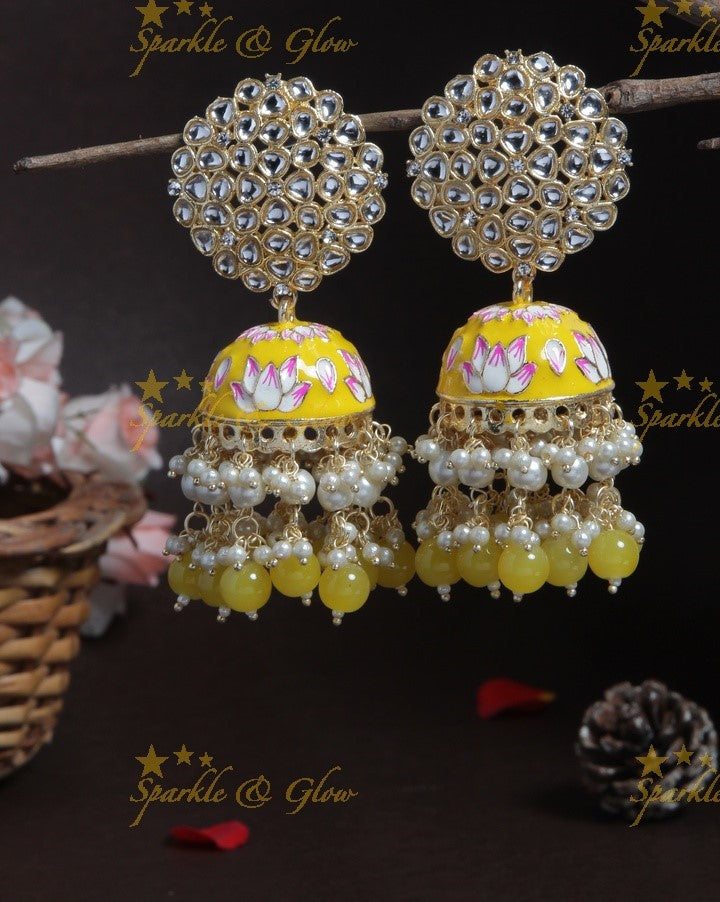 Graceful Meenakari gutta pusalu jhumuka with grand floral stud- Peach