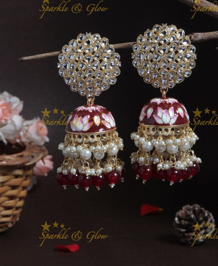Graceful Meenakari gutta pusalu jhumuka with grand floral stud- Peach