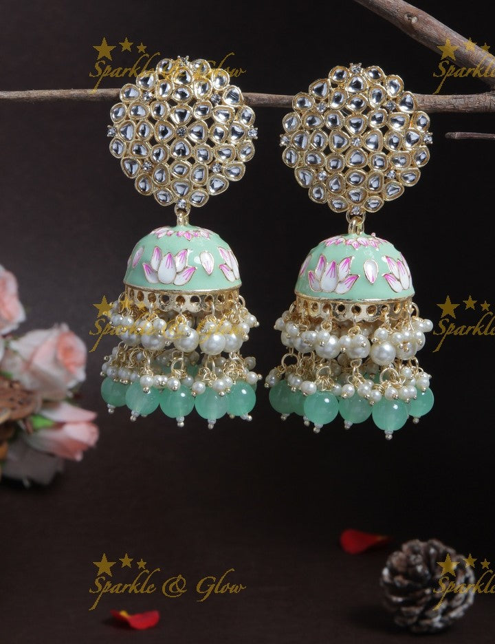 Graceful Meenakari gutta pusalu jhumuka with grand floral stud- Peach