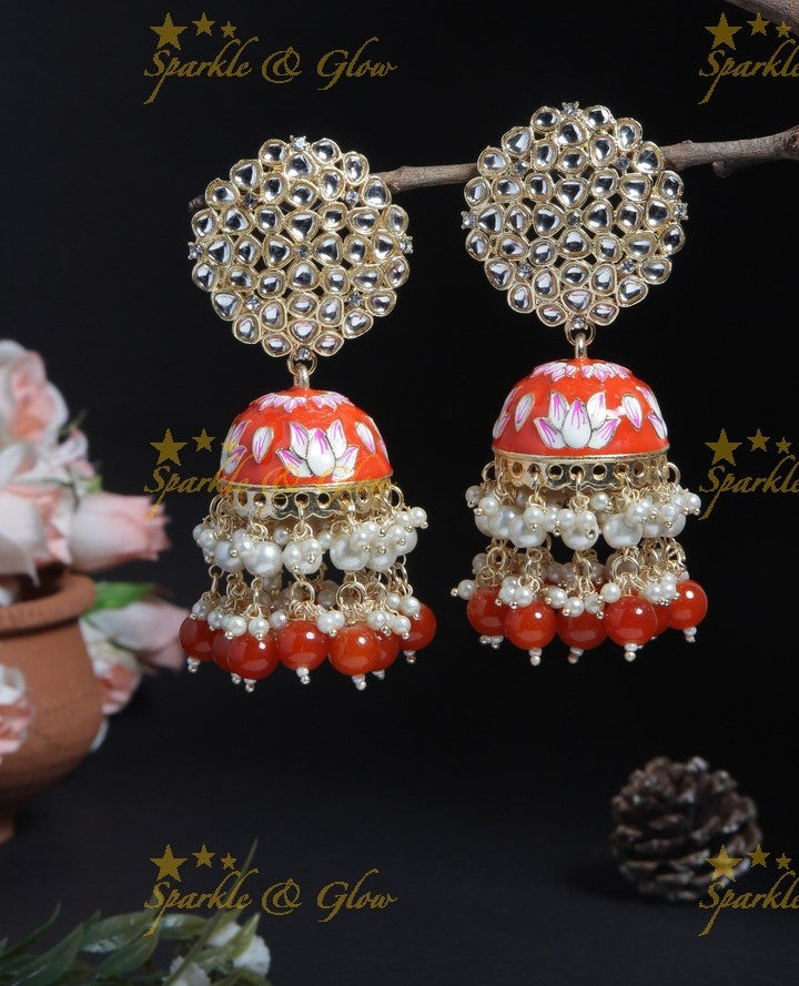 Graceful Meenakari gutta pusalu jhumuka with grand floral stud- Peach
