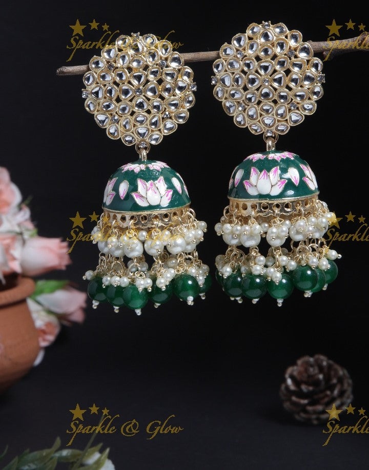 Graceful Meenakari gutta pusalu jhumuka with grand floral stud- Peach