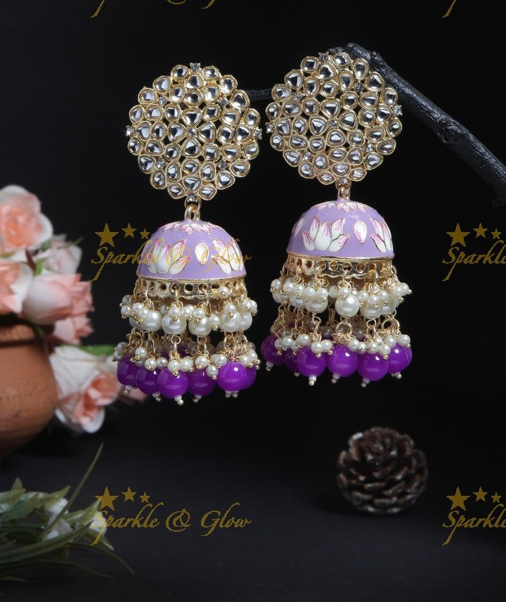 Graceful Meenakari gutta pusalu jhumuka with grand floral stud- Peach