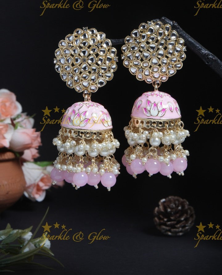 Graceful Meenakari gutta pusalu jhumuka with grand floral stud- Peach