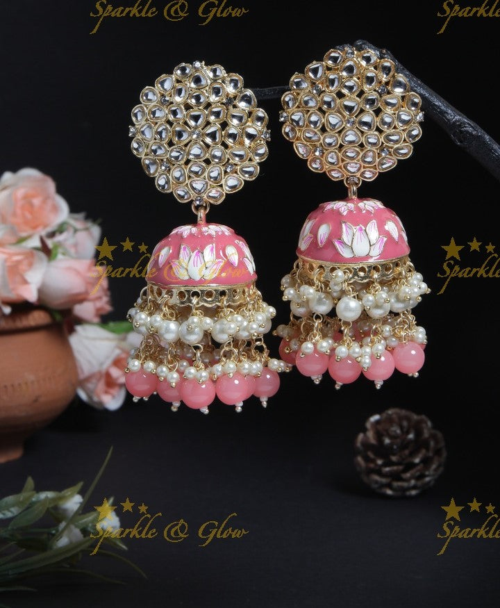 Graceful Meenakari gutta pusalu jhumuka with grand floral stud- Peach