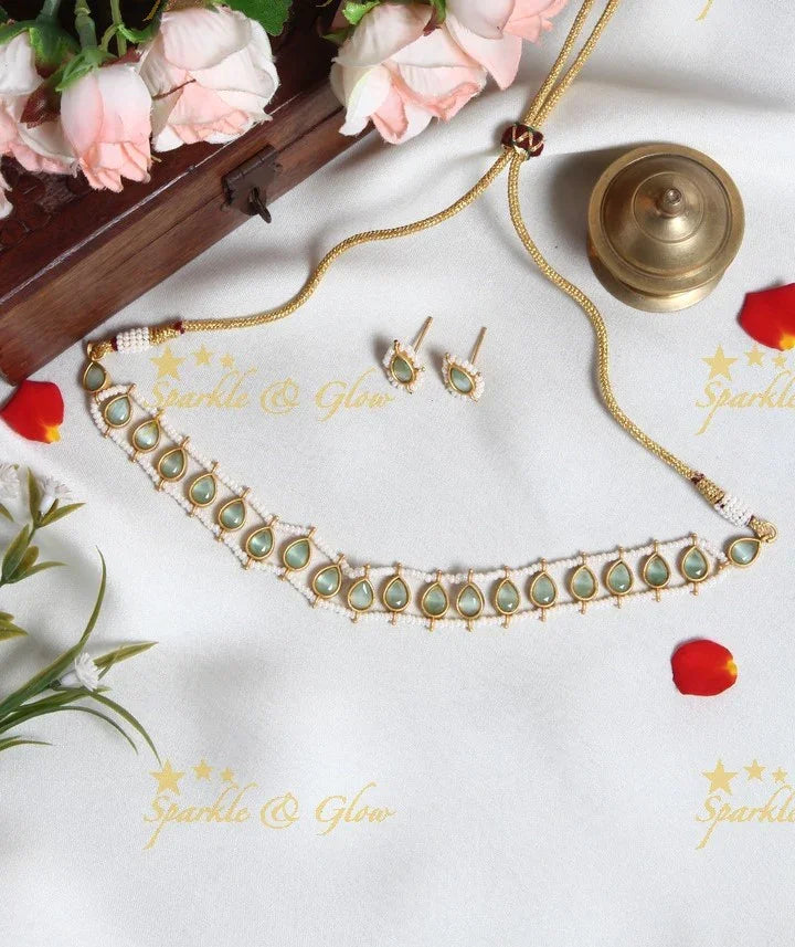 Exclusive pearl cluster outline Oval shaped stone choker- Navy Blue - Sparkle and Glow
