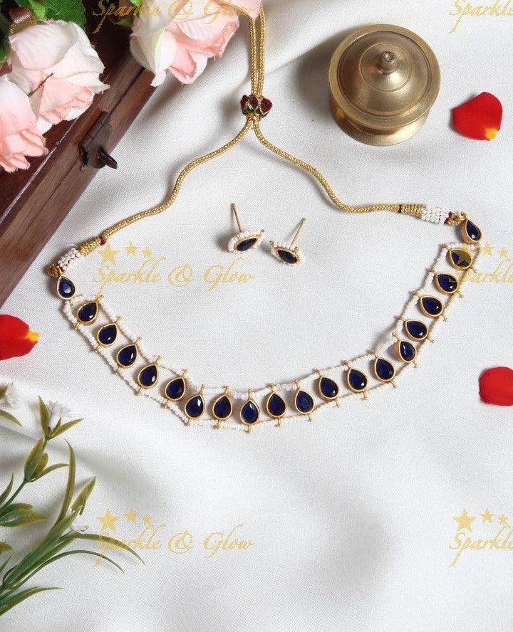 Exclusive pearl cluster outline Oval shaped stone choker- Navy Blue - Sparkle and Glow