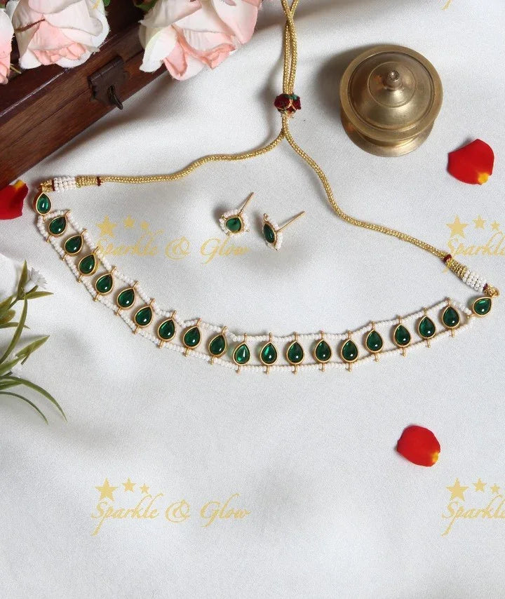 Exclusive pearl cluster outline Oval shaped stone choker- Navy Blue - Sparkle and Glow
