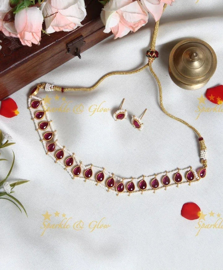 Exclusive pearl cluster outline Oval shaped stone choker- Navy Blue - Sparkle and Glow