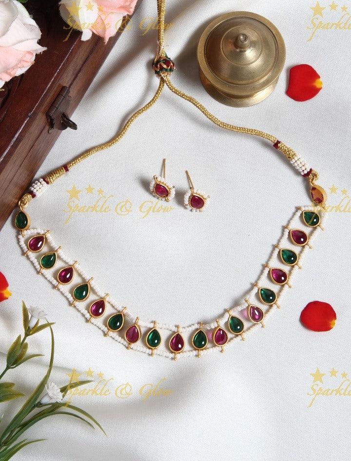 Exclusive pearl cluster outline Oval shaped stone choker- Navy Blue - Sparkle and Glow