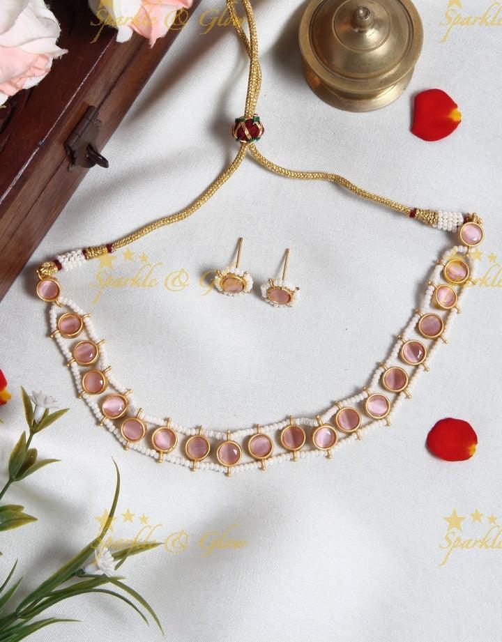Exclusive pearl cluster outline round shaped stone choker- Dark Pink - Sparkle and Glow