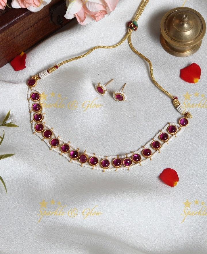 Exclusive pearl cluster outline round shaped stone choker- Dark Pink - Sparkle and Glow