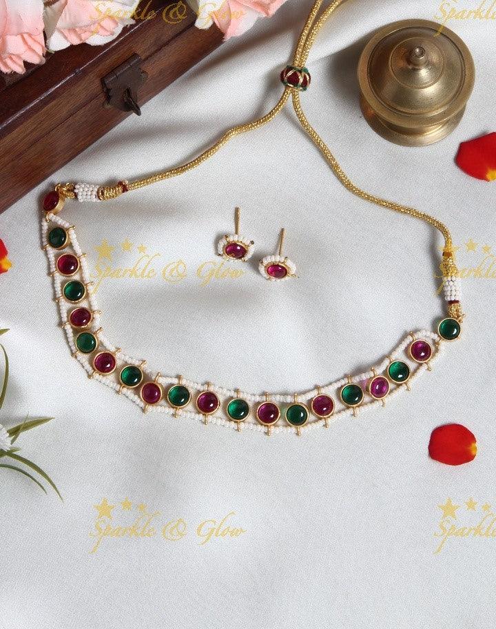 Exclusive pearl cluster outline round shaped stone choker- Dark Pink - Sparkle and Glow