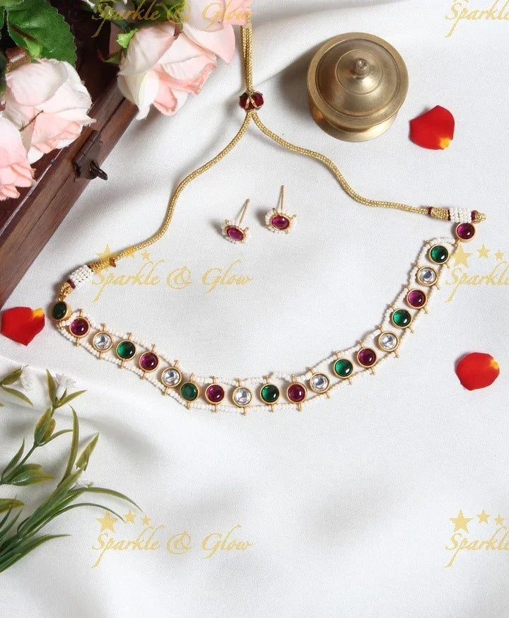 Exclusive pearl cluster outline round shaped stone choker- Dark Pink - Sparkle and Glow
