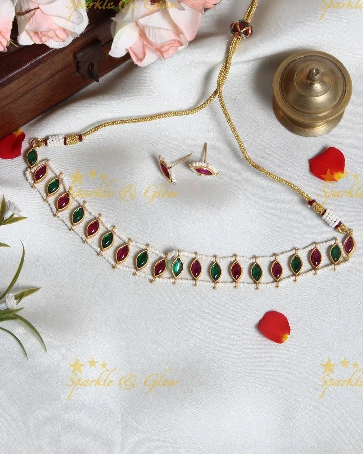 Exclusive pearl cluster outline bindi design stone choker- Green - Sparkle and Glow