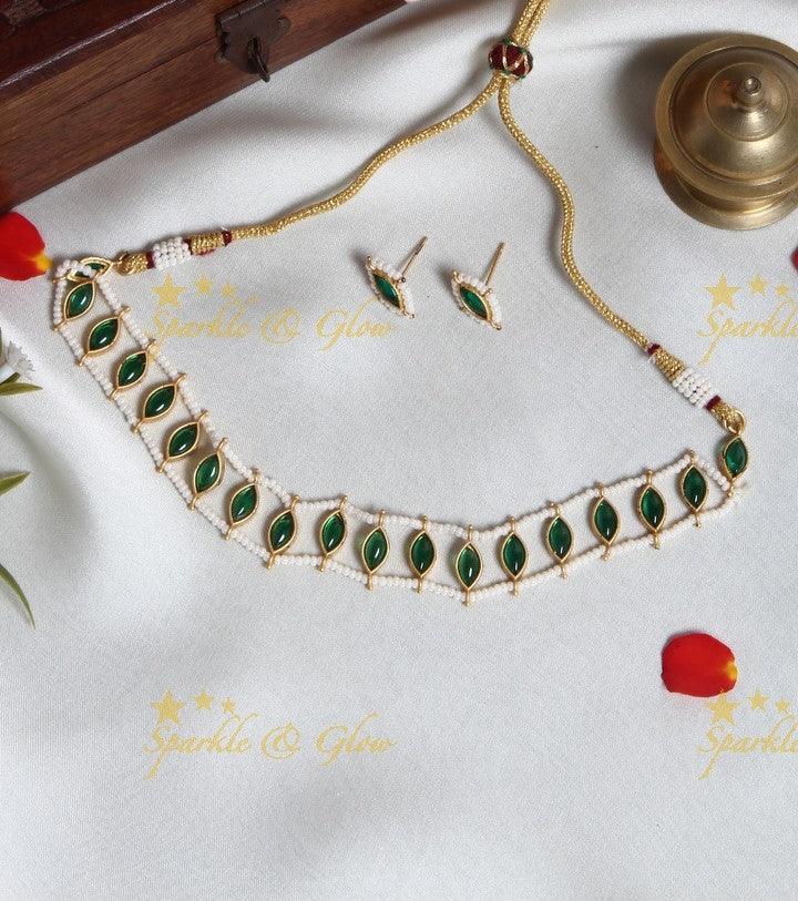 Exclusive pearl cluster outline bindi design stone choker- Green - Sparkle and Glow